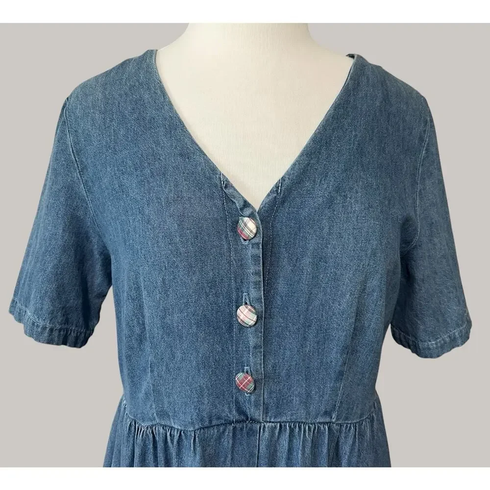 Vintage 90s Denim Maxi Dress Scottish Terrier Patch Prairie W/ Pockets Sz 8